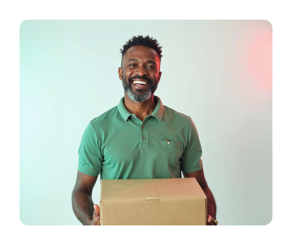 Mover man smiling dressed in green polo shirt from front view