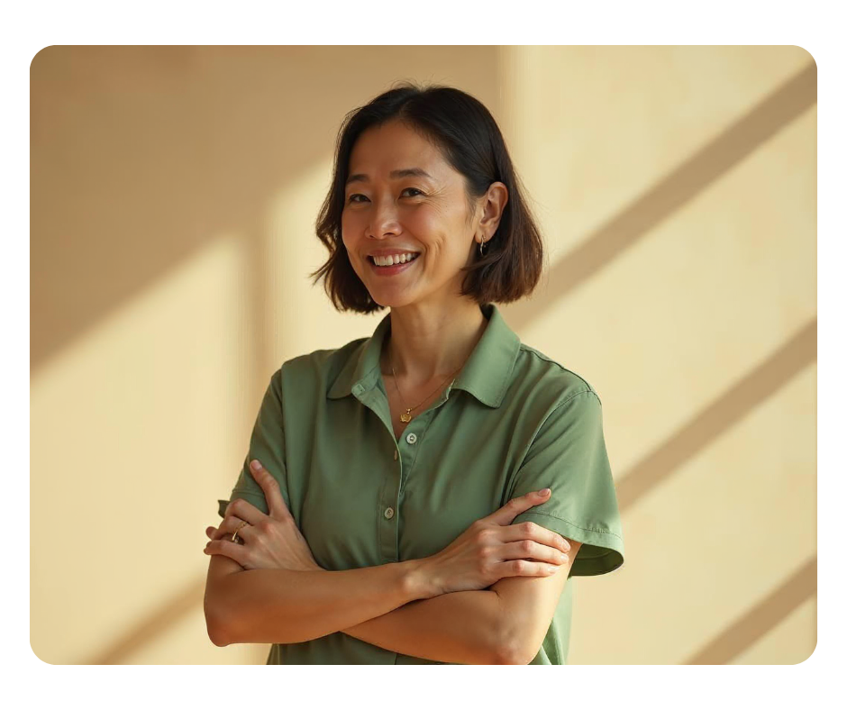Mover woman smiling dressed in green on a beige background
