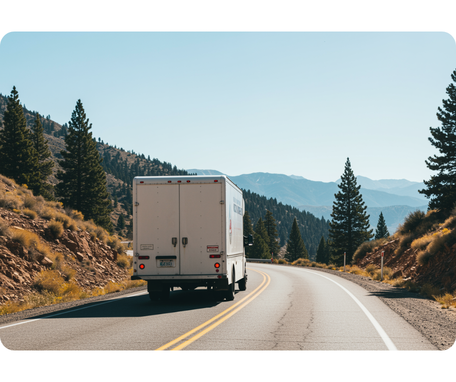 Moving truck from a back white on a clear road