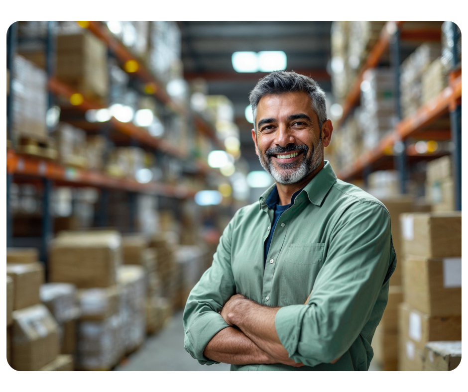 A man in a warehouse smiling with boxes in a background