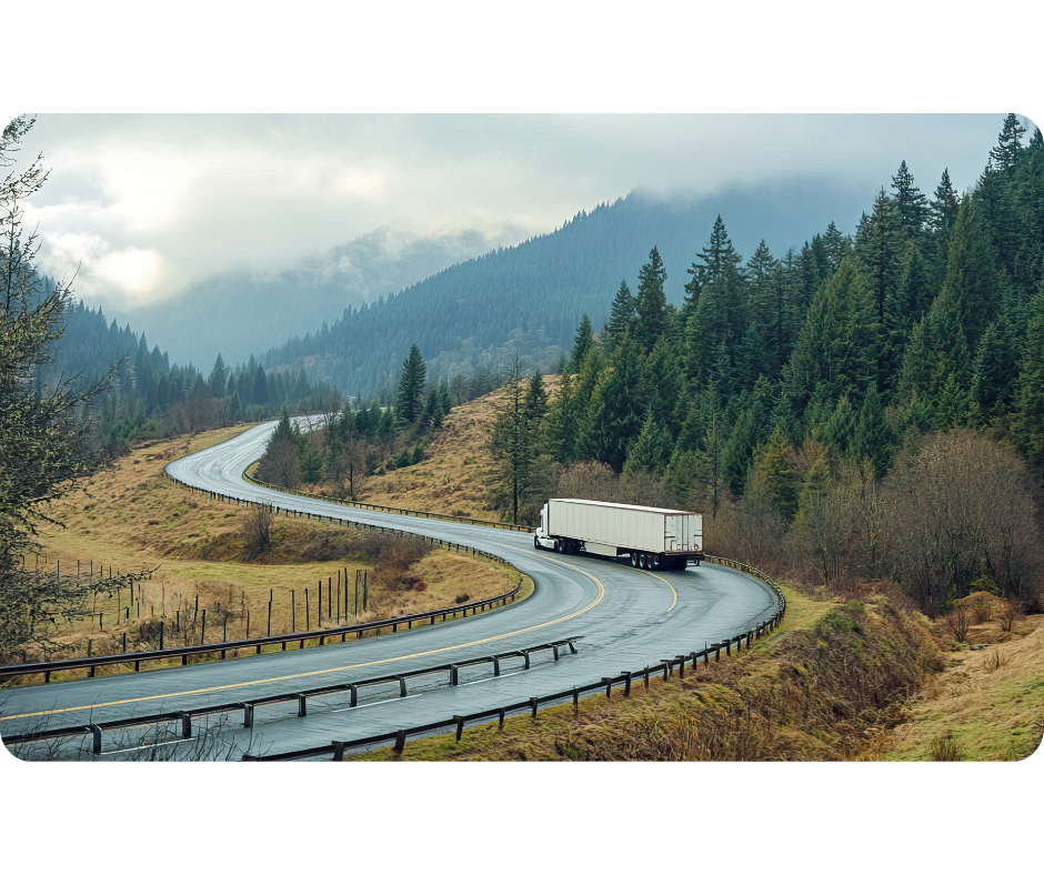 American van moving in a forest on a cloudy day