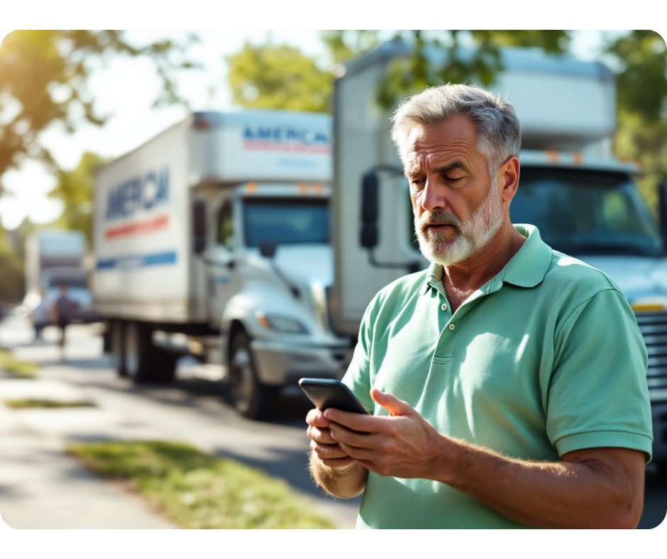 Man looking at phone trucks