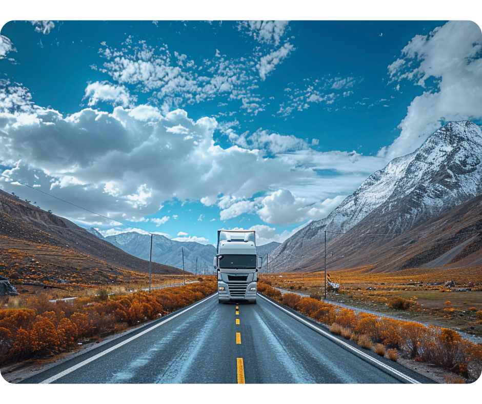 Moving truck on a clear road driving from front