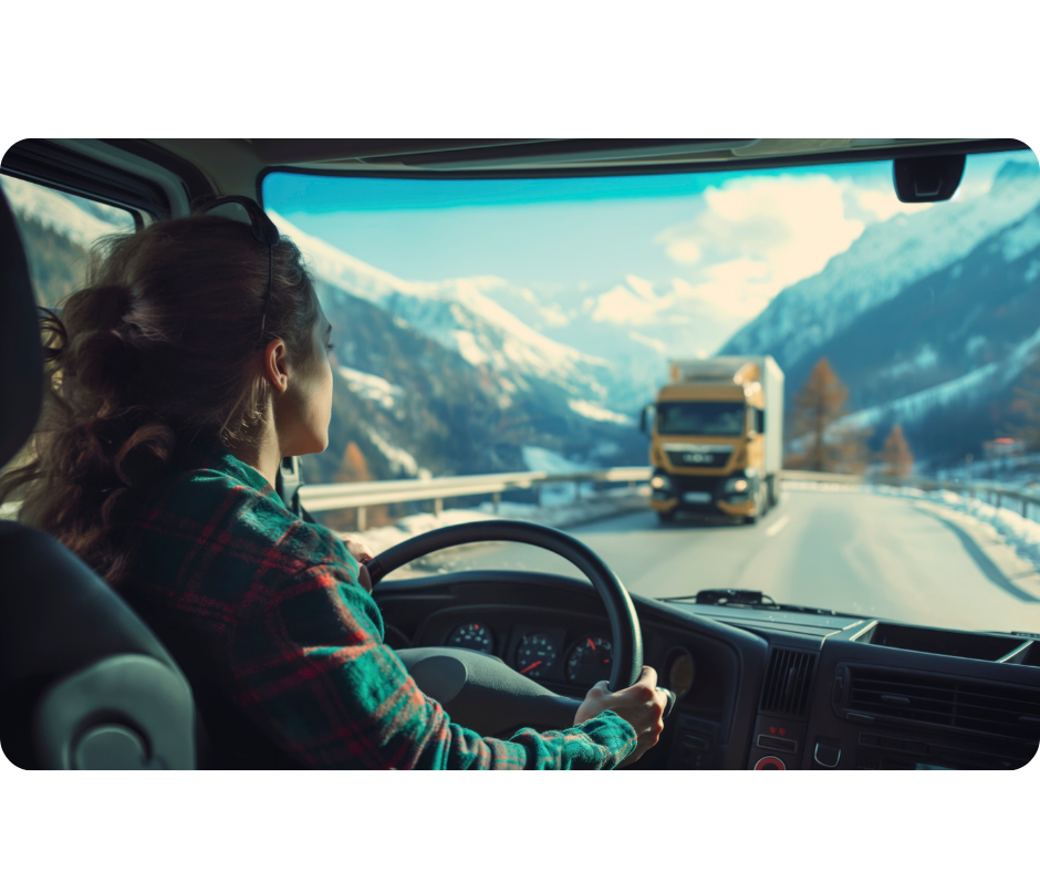 Girl driving a van photo taken from a back