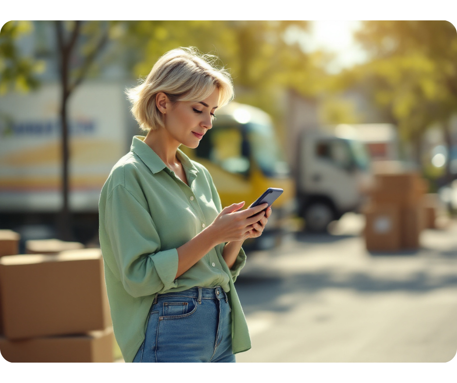 Blonde woman holding phone with boxes and trucks in the back