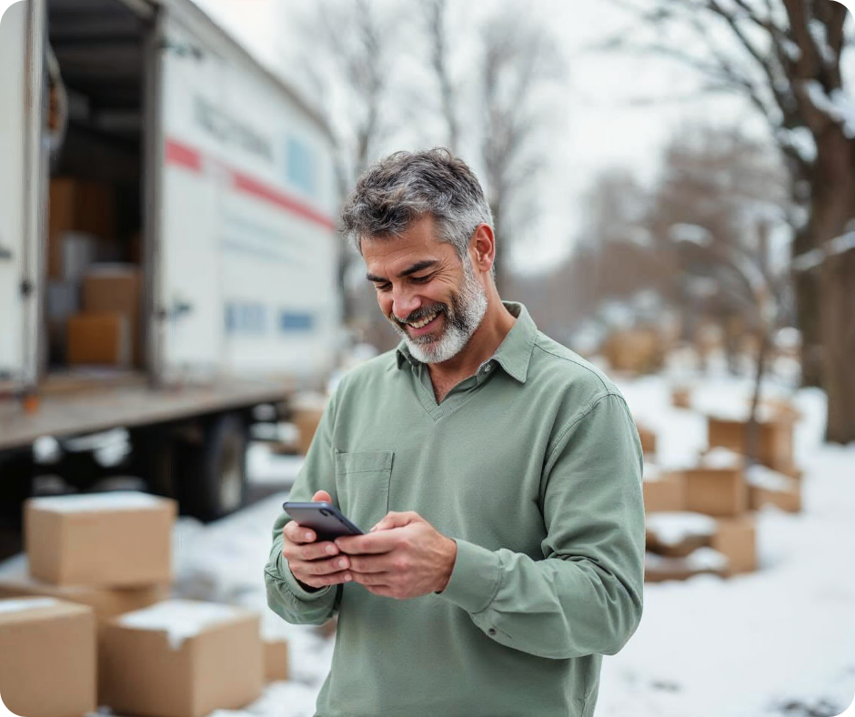 Man holding his phone with boxes from an open truck